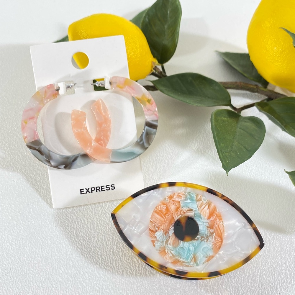 NEW Evil Eye Hair Clip Claw + Express Peach Mint Sage Tortoiseshell Earrings